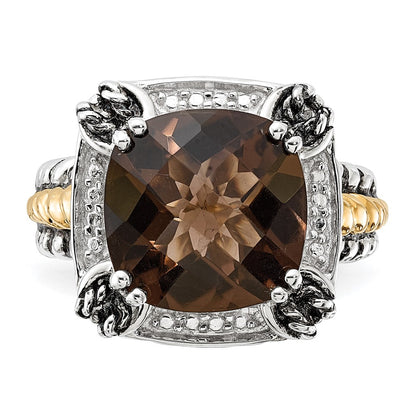 14K/Silver Two Tone Sterling Silver 14K Polished & Antiqued Smoky Quartz Ring (Size 6 Only)