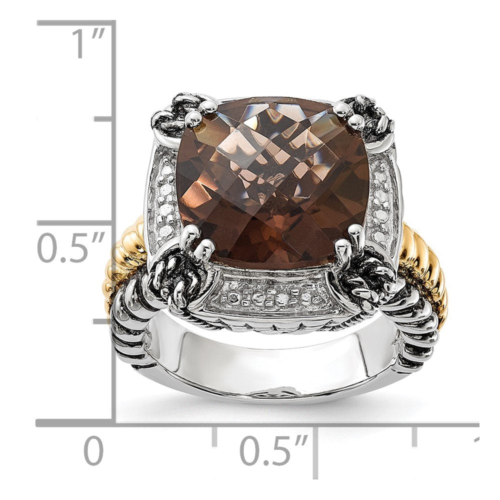 14K/Silver Two Tone Sterling Silver 14K Polished & Antiqued Smoky Quartz Ring (Size 6 Only)