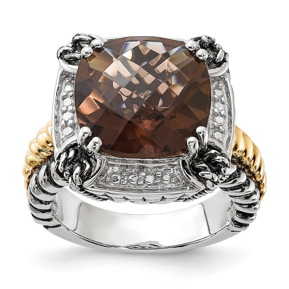 14K/Silver Two Tone Sterling Silver 14K Polished & Antiqued Smoky Quartz Ring (Size 6 Only)