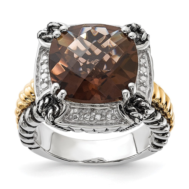 14K/Silver Two Tone Sterling Silver 14K Polished & Antiqued Smoky Quartz Ring (Size 6 Only)