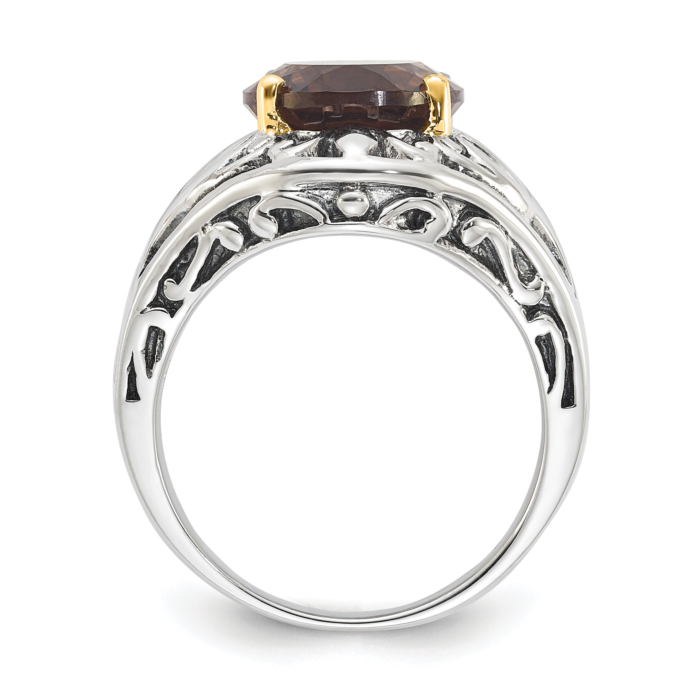 14K/Silver Two Tone Sterling Silver 14K Accent Antiqued Smoky Quartz Ring