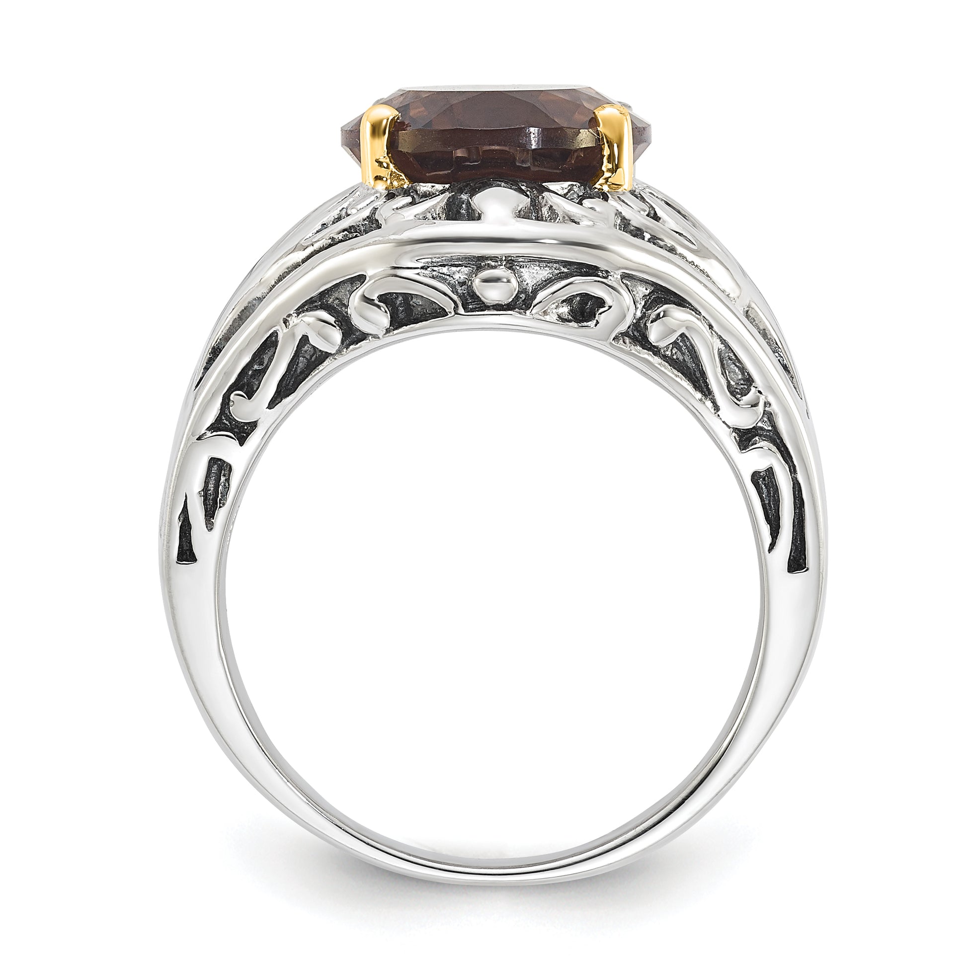 14K/Silver Two Tone Sterling Silver 14K Accent Antiqued Smoky Quartz Ring