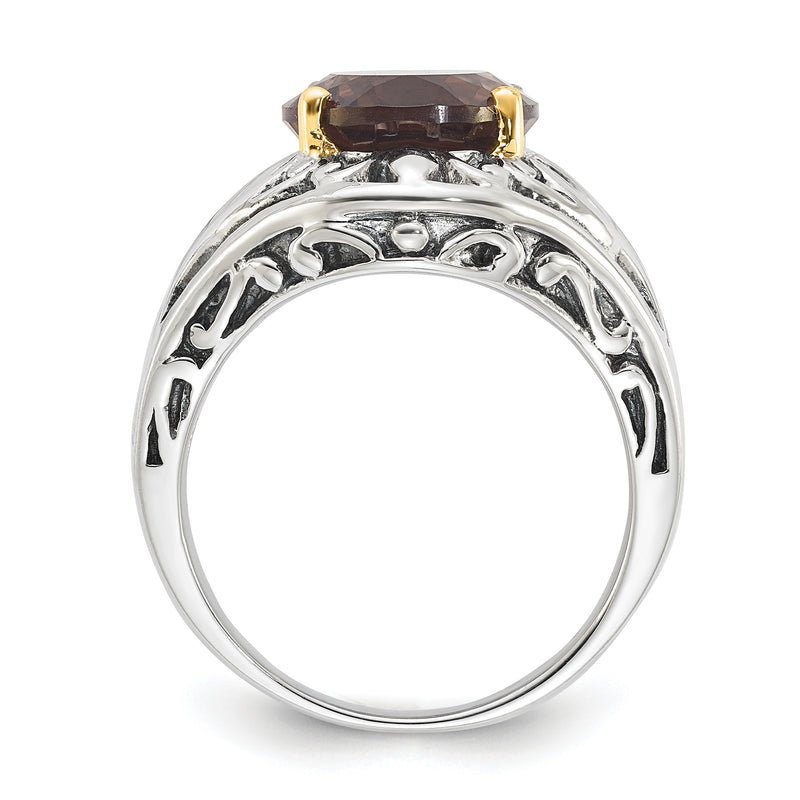 14K/Silver Two Tone Sterling Silver 14K Accent Antiqued Smoky Quartz Ring