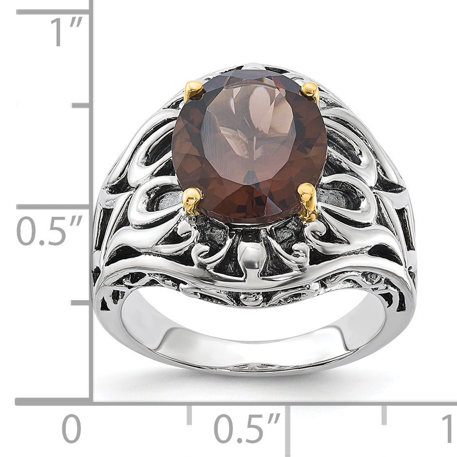 14K/Silver Two Tone Sterling Silver 14K Accent Antiqued Smoky Quartz Ring