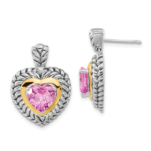 14K/Silver Two Tone Sterling Silver W/ 14Ky Accent Polished & Antiqued Created Pink Sapphire Heart Post Dangle Earrings