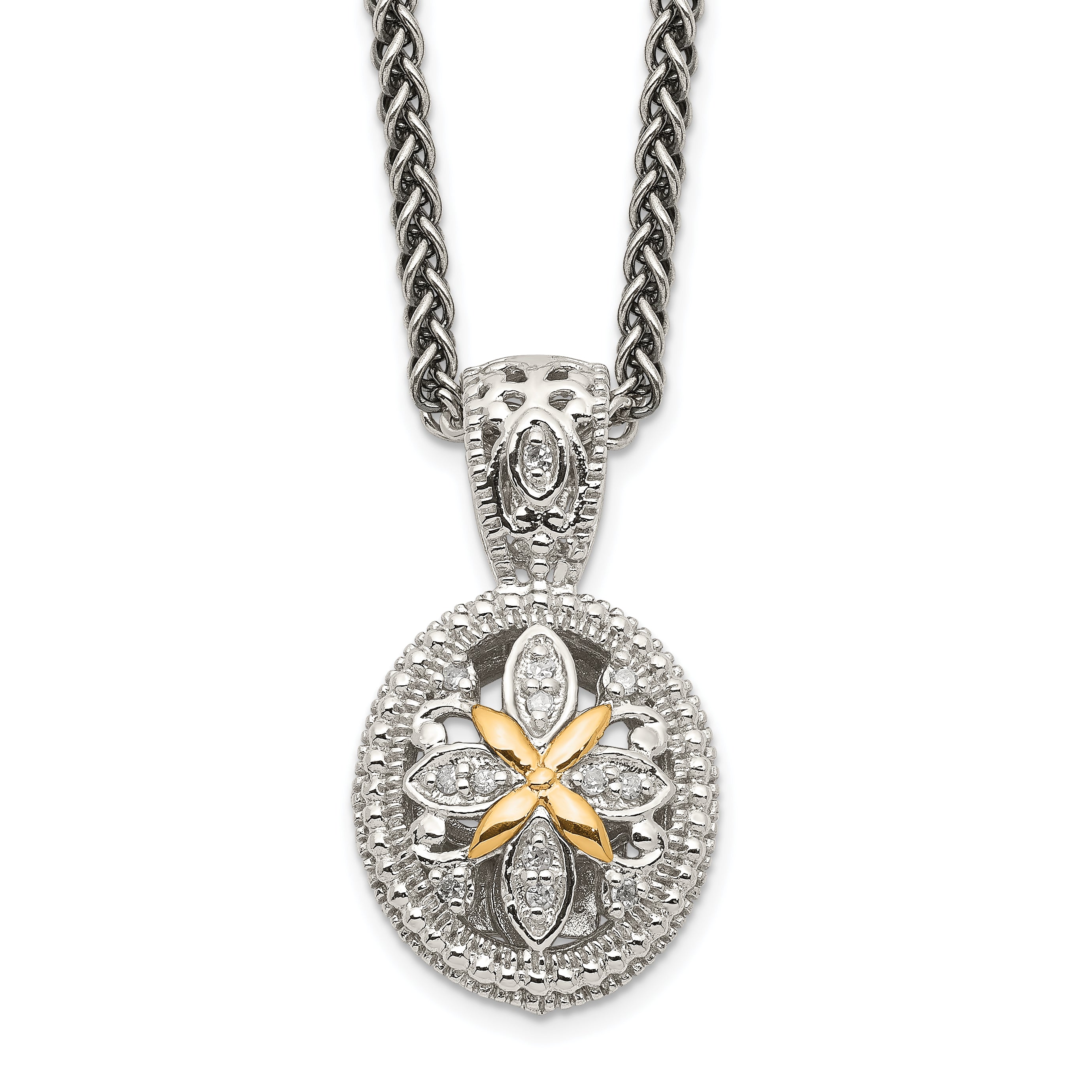 14K/Silver Two Tone Shey Couture Sterling Silver Antiqued With 14K Accent 18 Inch Diamond Necklace
