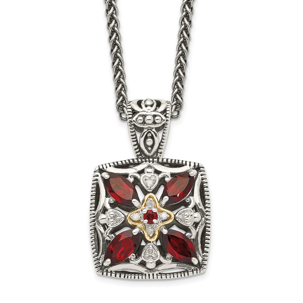 14K/Silver Two Tone Shey Couture Sterling Silver With 14K Accent 18 Inch Antiqued Diamond And Marquise Garnet Necklace