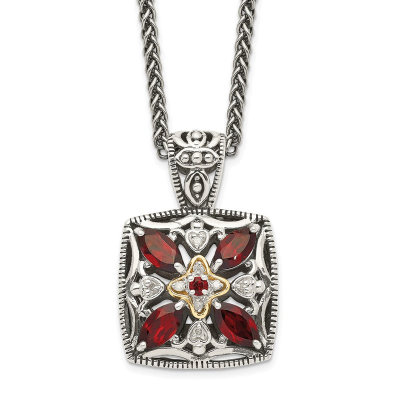 14K/Silver Two Tone Shey Couture Sterling Silver With 14K Accent 18 Inch Antiqued Diamond And Marquise Garnet Necklace