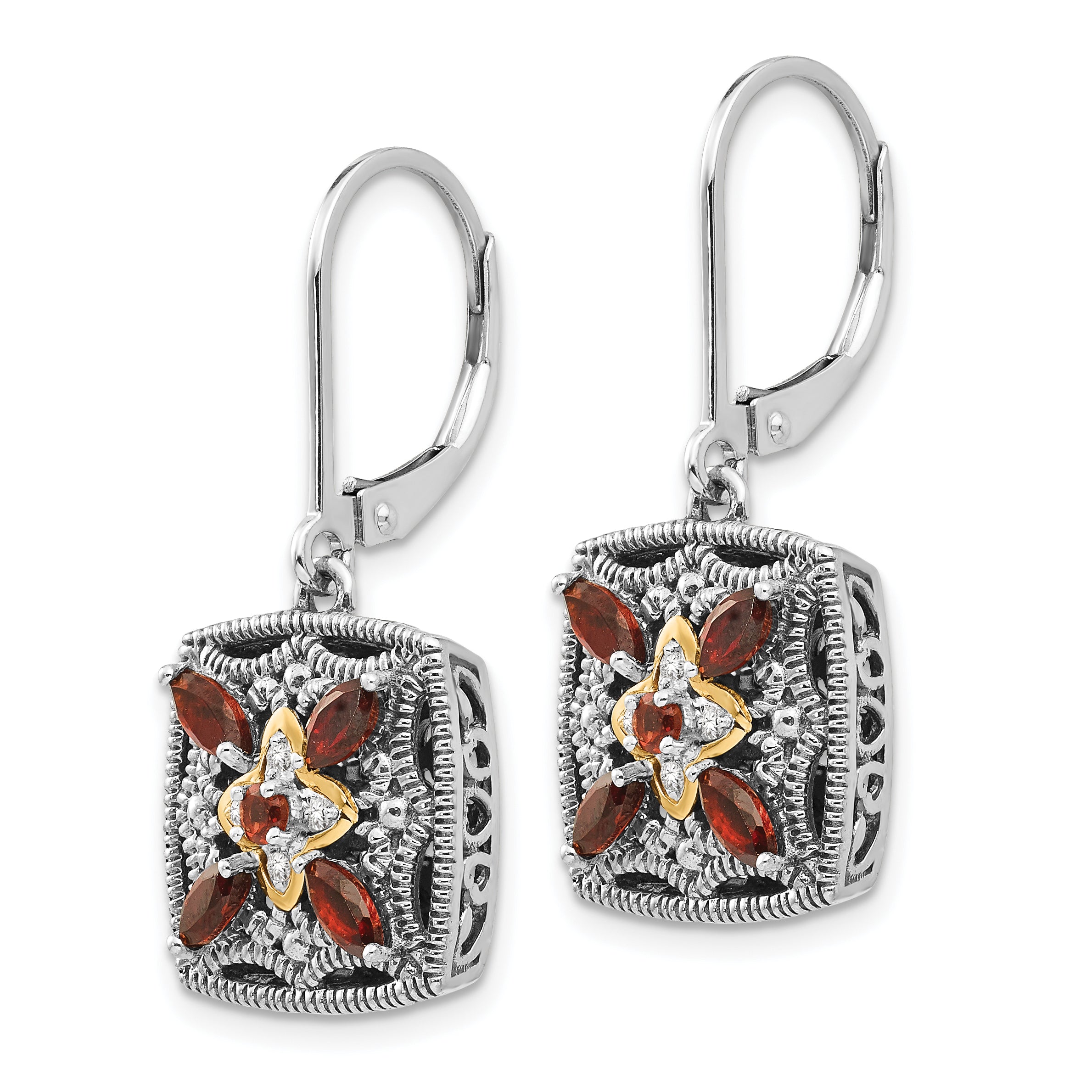 14K/Silver Two Tone Shey Couture Sterling Silver With 14K Accent Antiqued Diamond And Marquise Garnet Leverback Earrings