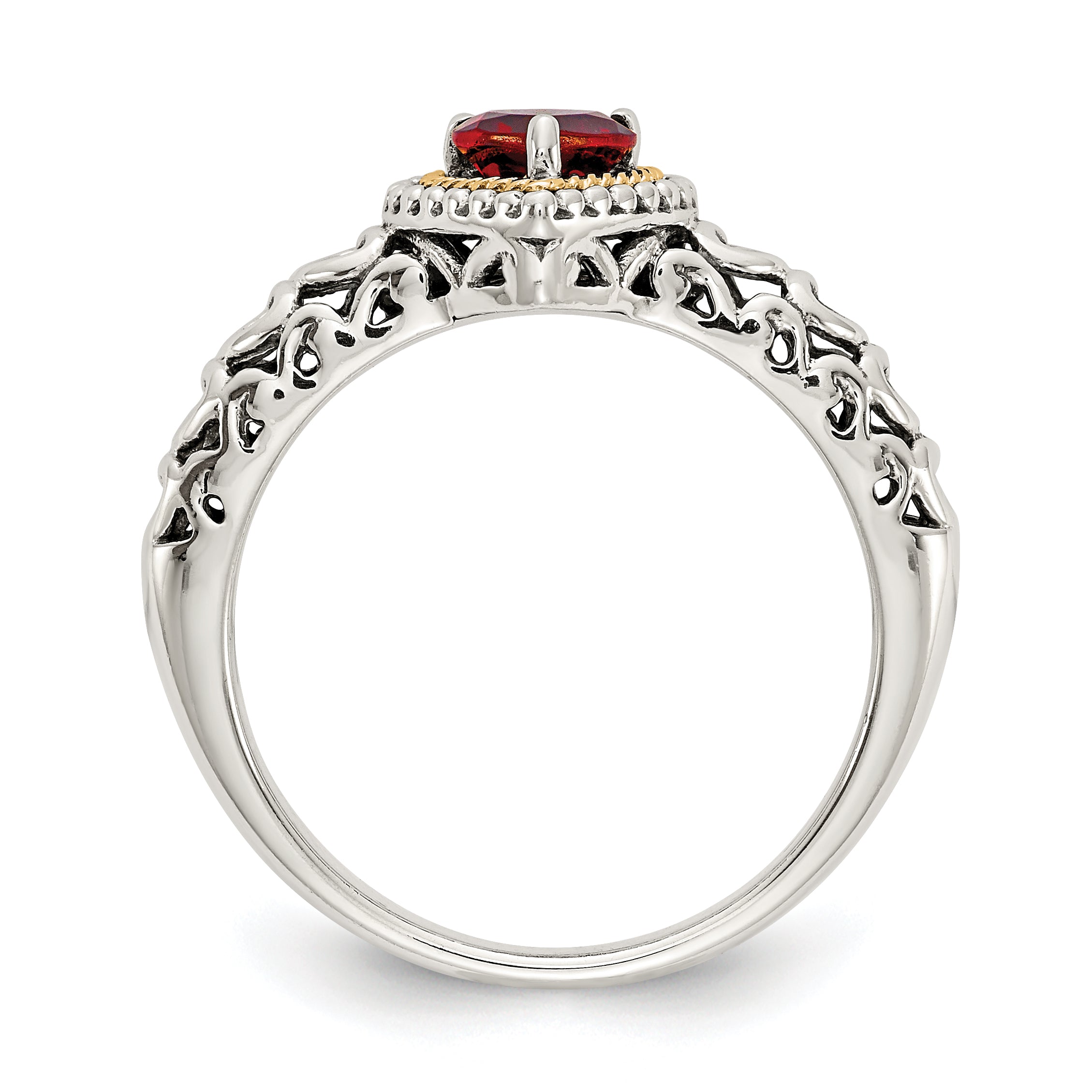 14K/Silver Two Tone Shey Couture Sterling Silver With 14K Accent Antiqued Heart Garnet Ring