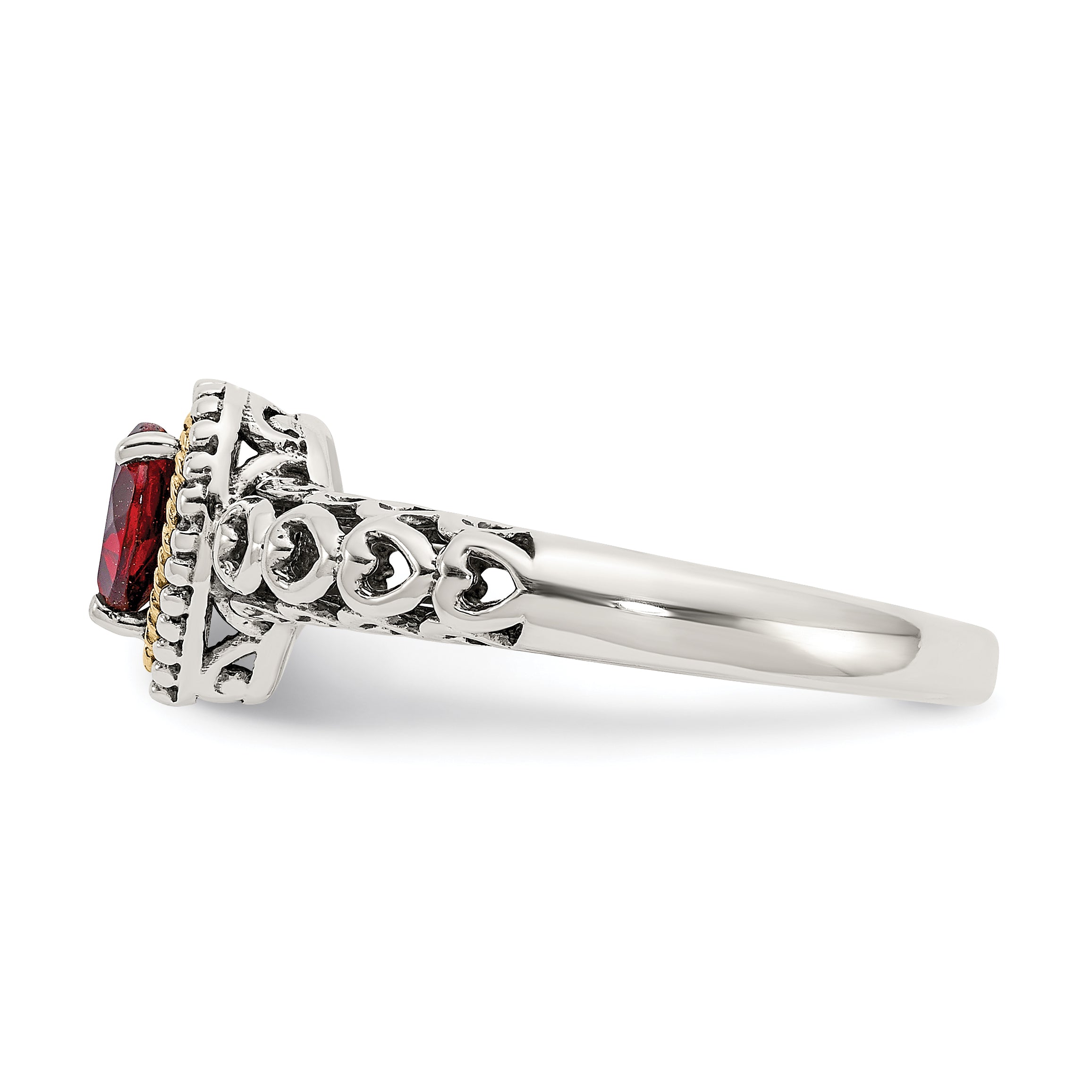 14K/Silver Two Tone Shey Couture Sterling Silver With 14K Accent Antiqued Heart Garnet Ring