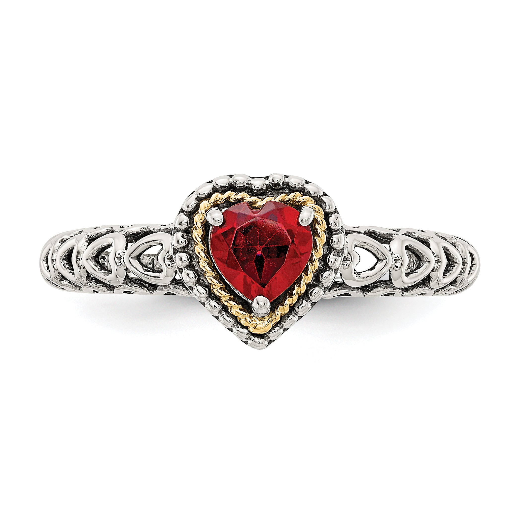 14K/Silver Two Tone Shey Couture Sterling Silver With 14K Accent Antiqued Heart Garnet Ring