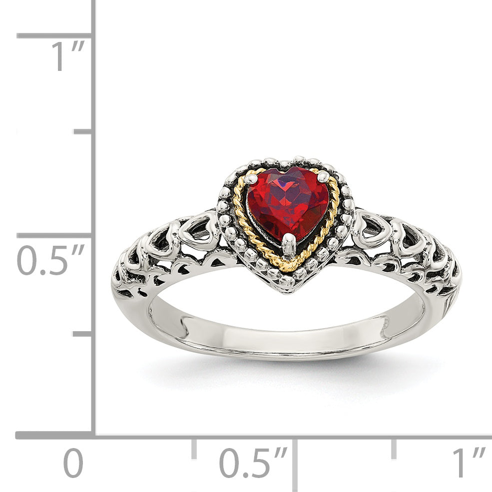 14K/Silver Two Tone Shey Couture Sterling Silver With 14K Accent Antiqued Heart Garnet Ring