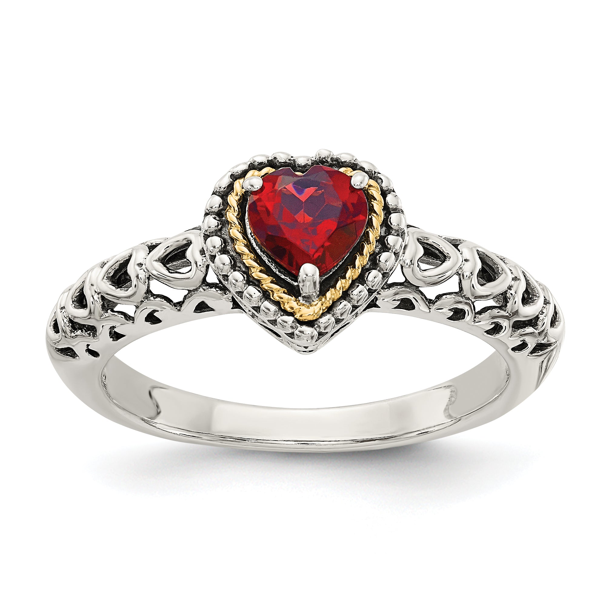 14K/Silver Two Tone Shey Couture Sterling Silver With 14K Accent Antiqued Heart Garnet Ring