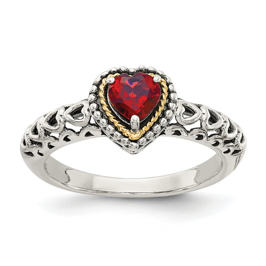 14K/Silver Two Tone Shey Couture Sterling Silver With 14K Accent Antiqued Heart Garnet Ring