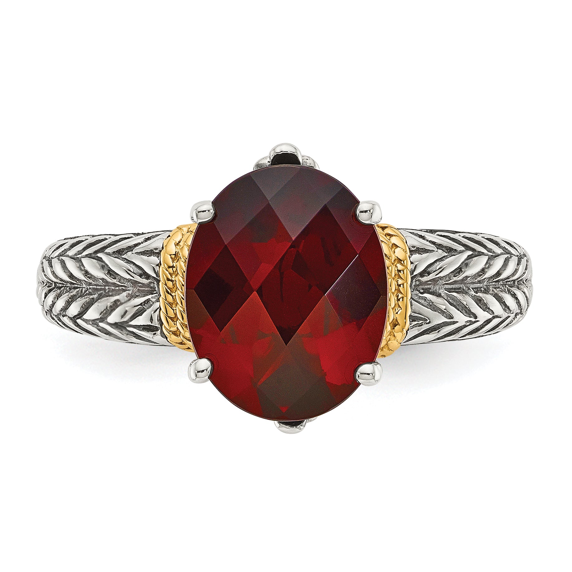 14K/Silver Two Tone Shey Couture Sterling Silver With 14K Accent Antiqued Oval Garnet Ring