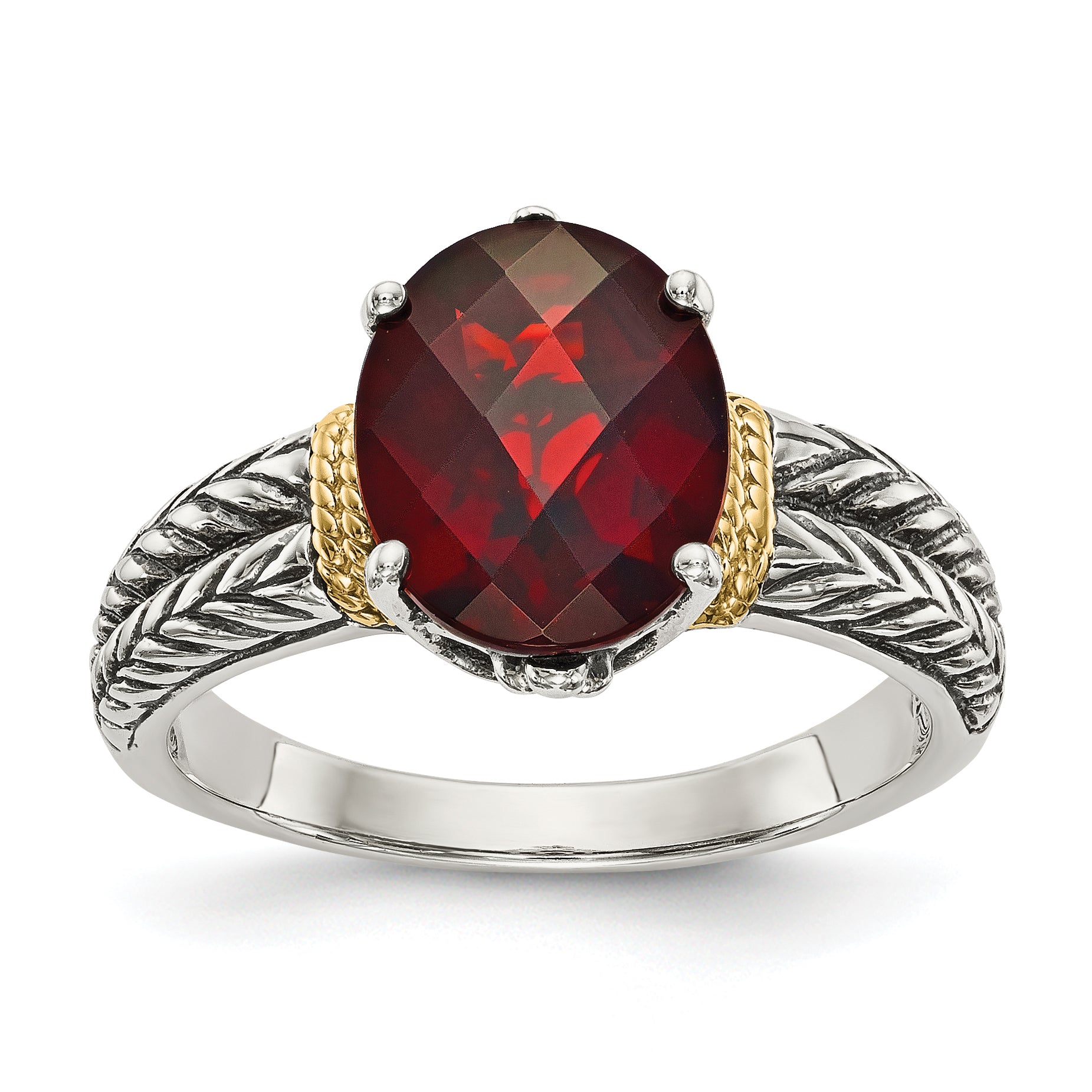 14K/Silver Two Tone Shey Couture Sterling Silver With 14K Accent Antiqued Oval Garnet Ring
