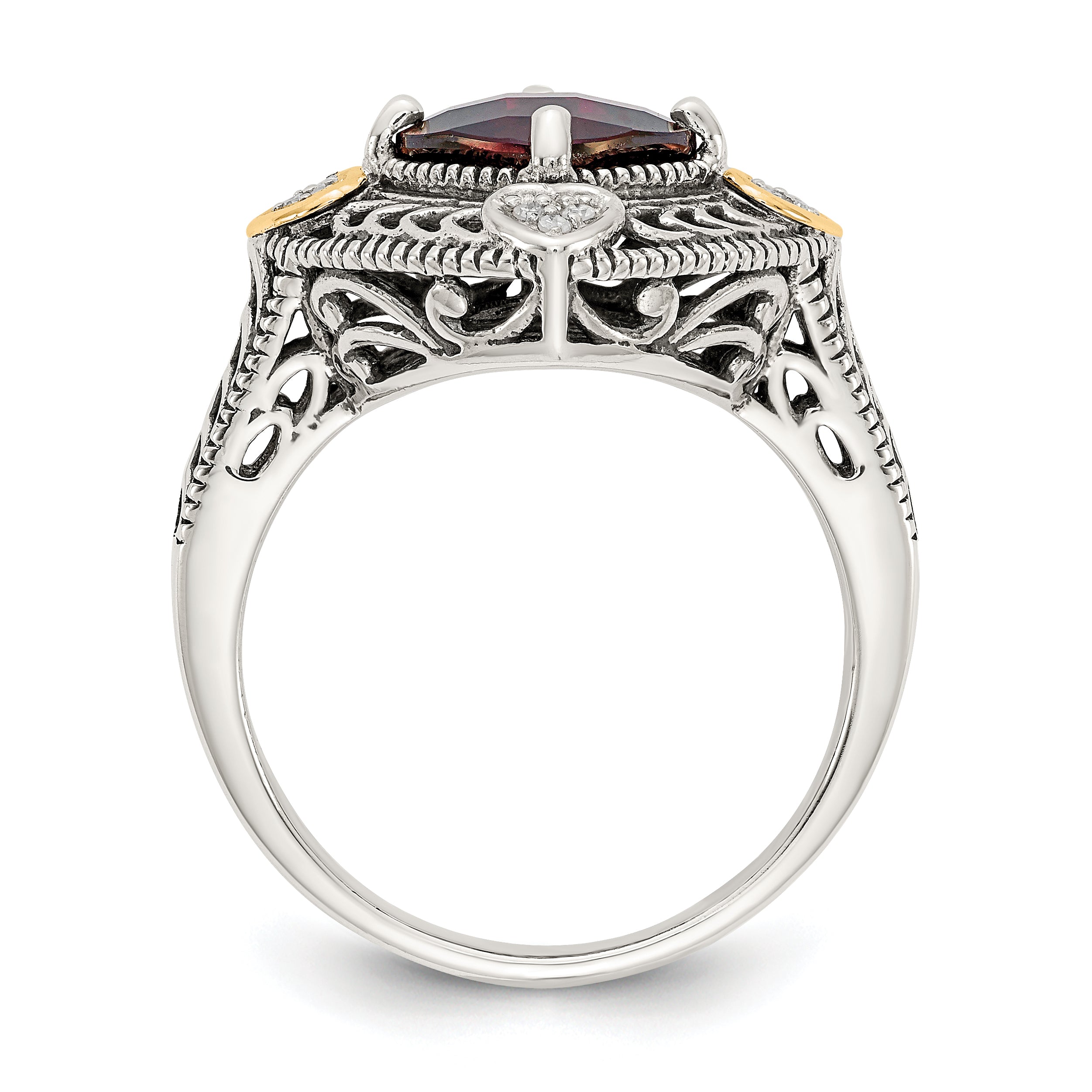 14K/Silver Two Tone Shey Couture Sterling Silver With 14K Accent Antiqued Diamond And Checkerboard Cushion Garnet Ring