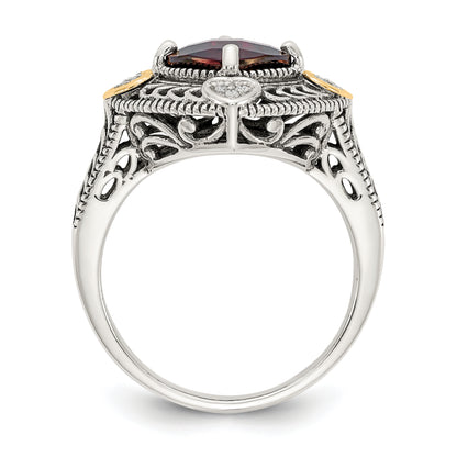 14K/Silver Two Tone Shey Couture Sterling Silver With 14K Accent Antiqued Diamond And Checkerboard Cushion Garnet Ring