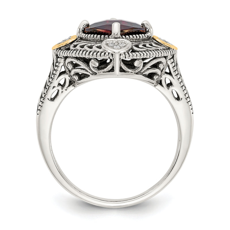 14K/Silver Two Tone Shey Couture Sterling Silver With 14K Accent Antiqued Diamond And Checkerboard Cushion Garnet Ring