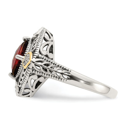 14K/Silver Two Tone Shey Couture Sterling Silver With 14K Accent Antiqued Diamond And Checkerboard Cushion Garnet Ring