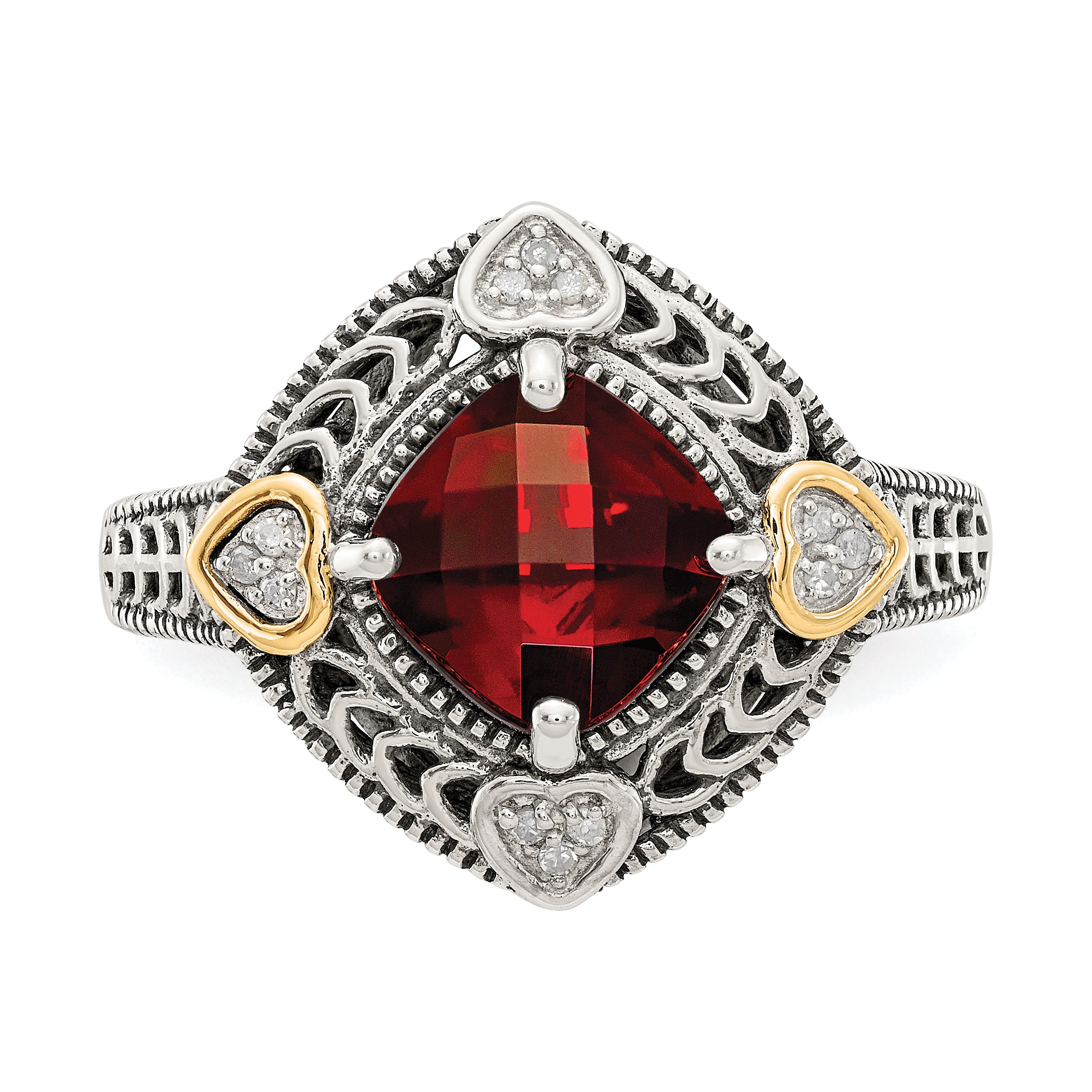 14K/Silver Two Tone Shey Couture Sterling Silver With 14K Accent Antiqued Diamond And Checkerboard Cushion Garnet Ring