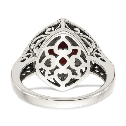 14K/Silver Two Tone Shey Couture Sterling Silver With 14K Accent Antiqued Diamond And Checkerboard Cushion Garnet Ring