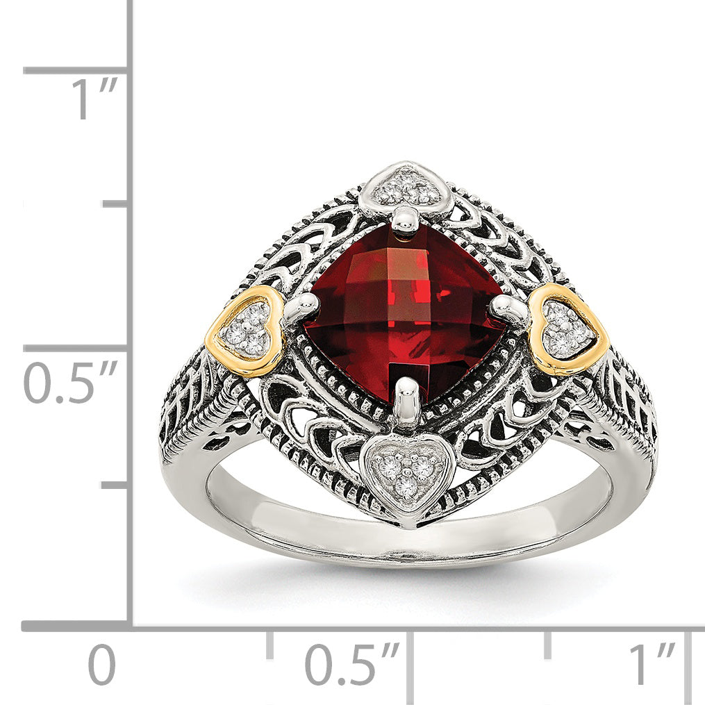 14K/Silver Two Tone Shey Couture Sterling Silver With 14K Accent Antiqued Diamond And Checkerboard Cushion Garnet Ring
