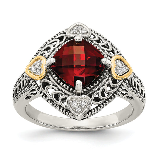 14K/Silver Two Tone Shey Couture Sterling Silver With 14K Accent Antiqued Diamond And Checkerboard Cushion Garnet Ring