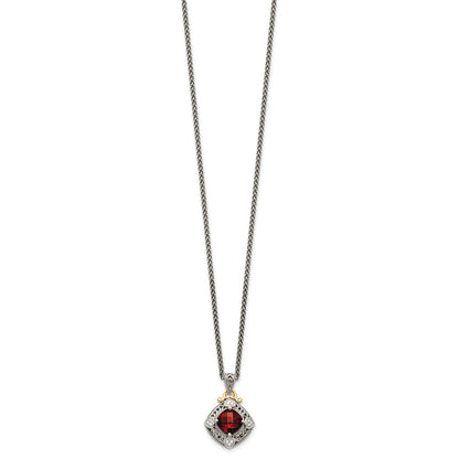 14K/Silver Two Tone Shey Couture Sterling Silver With 14K Accent 18 Inch Antiqued Diamond And Cushion Checkerboard Garnet Necklace