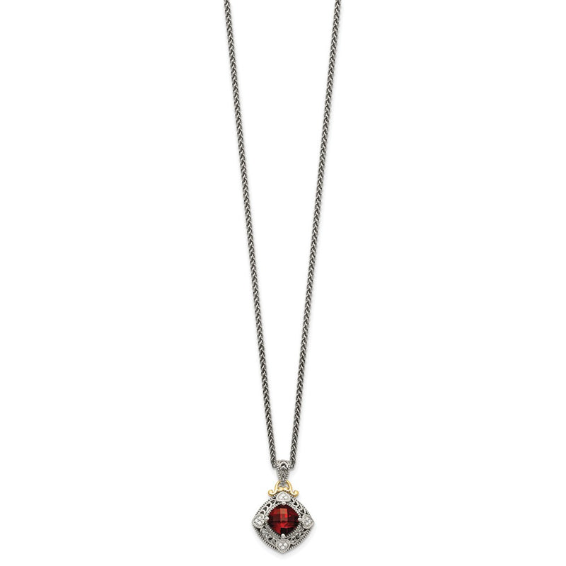 14K/Silver Two Tone Shey Couture Sterling Silver With 14K Accent 18 Inch Antiqued Diamond And Cushion Checkerboard Garnet Necklace