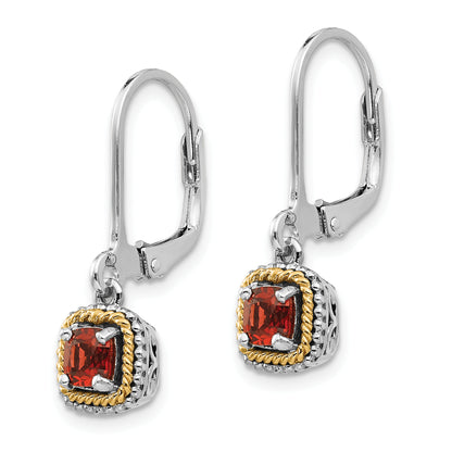 14K/Silver Two Tone Shey Couture Sterling Silver With 14K Accent Antiqued Cushion Garnet Leverback Earrings