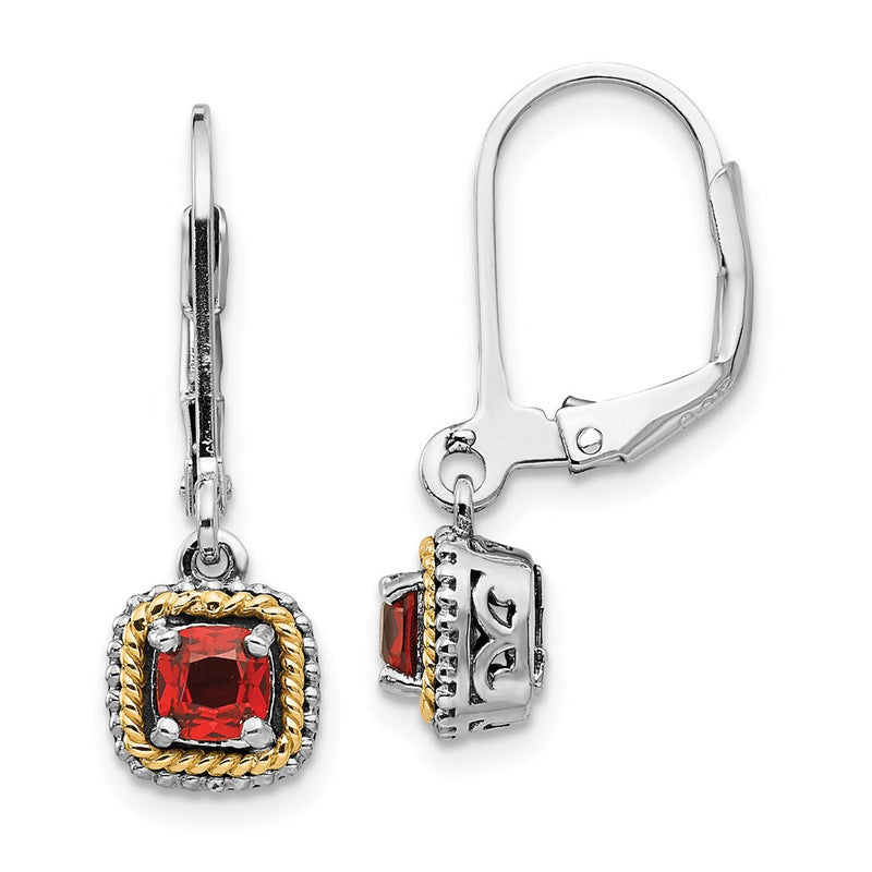 14K/Silver Two Tone Shey Couture Sterling Silver With 14K Accent Antiqued Cushion Garnet Leverback Earrings