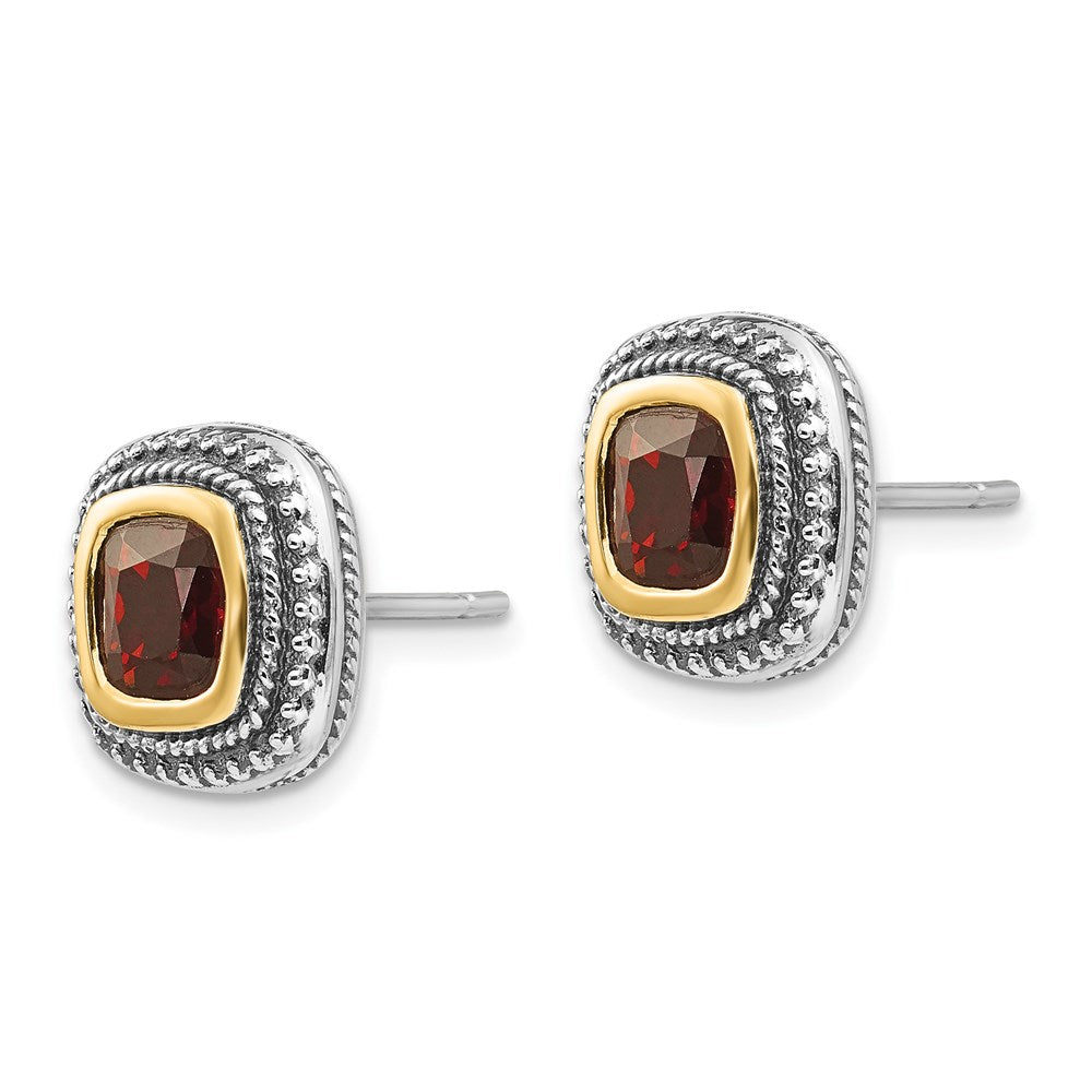 14K/Silver Two Tone Shey Couture Sterling Silver With 14K Accent Antiqued Cushion Bezel Garnet Post Earrings