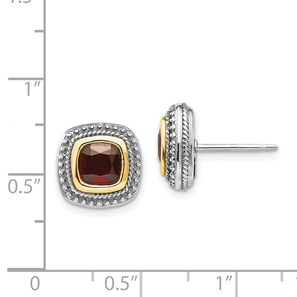 14K/Silver Two Tone Shey Couture Sterling Silver With 14K Accent Antiqued Cushion Bezel Garnet Post Earrings