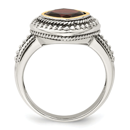 14K/Silver Two Tone Shey Couture Sterling Silver With 14K Accent Antiqued Cushion Bezel Garnet Ring