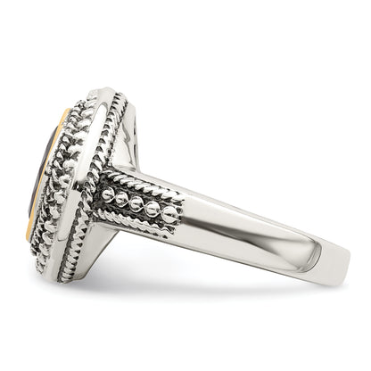 14K/Silver Two Tone Shey Couture Sterling Silver With 14K Accent Antiqued Cushion Bezel Garnet Ring