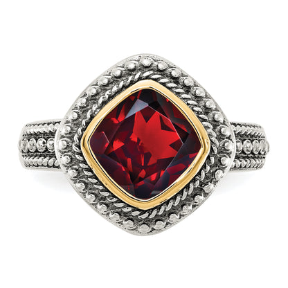 14K/Silver Two Tone Shey Couture Sterling Silver With 14K Accent Antiqued Cushion Bezel Garnet Ring