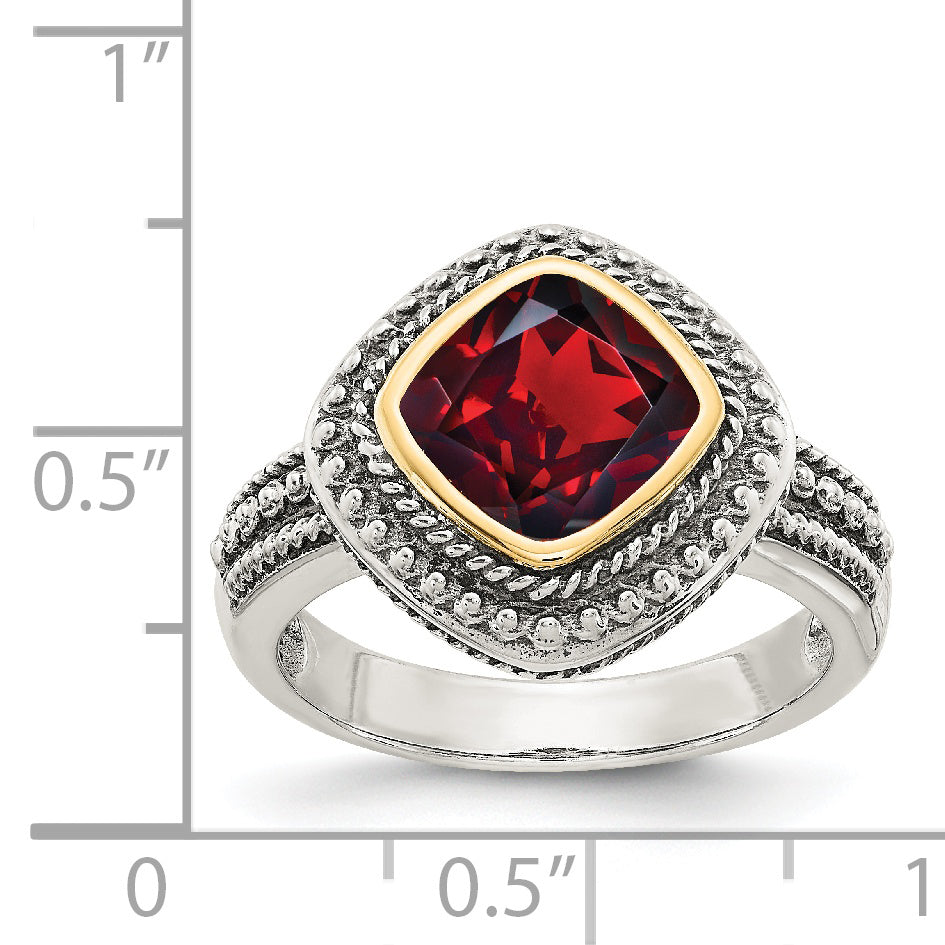 14K/Silver Two Tone Shey Couture Sterling Silver With 14K Accent Antiqued Cushion Bezel Garnet Ring