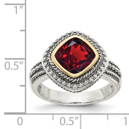 14K/Silver Two Tone Shey Couture Sterling Silver With 14K Accent Antiqued Cushion Bezel Garnet Ring