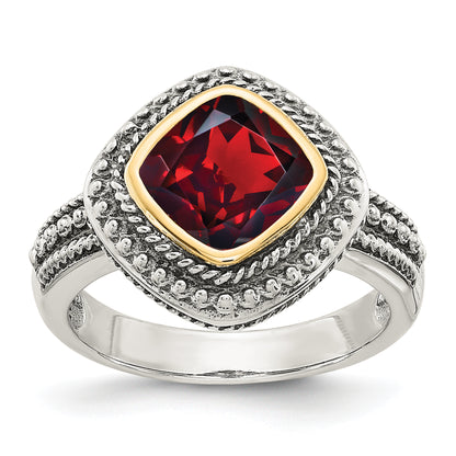 14K/Silver Two Tone Shey Couture Sterling Silver With 14K Accent Antiqued Cushion Bezel Garnet Ring