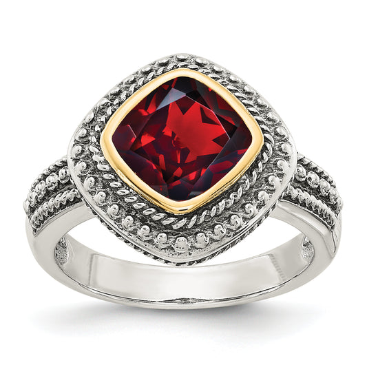 14K/Silver Two Tone Shey Couture Sterling Silver With 14K Accent Antiqued Cushion Bezel Garnet Ring