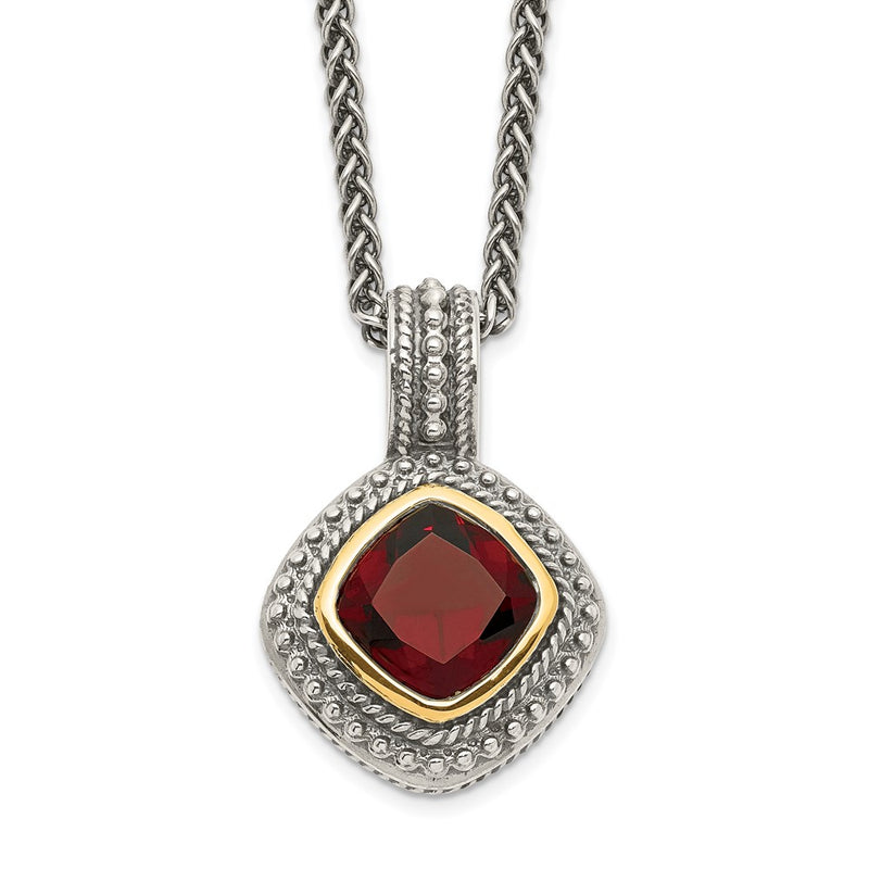 14K/Silver Two Tone Shey Couture Sterling Silver With 14K Accent 18 Inch Antiqued Cushion Bezel Garnet Necklace