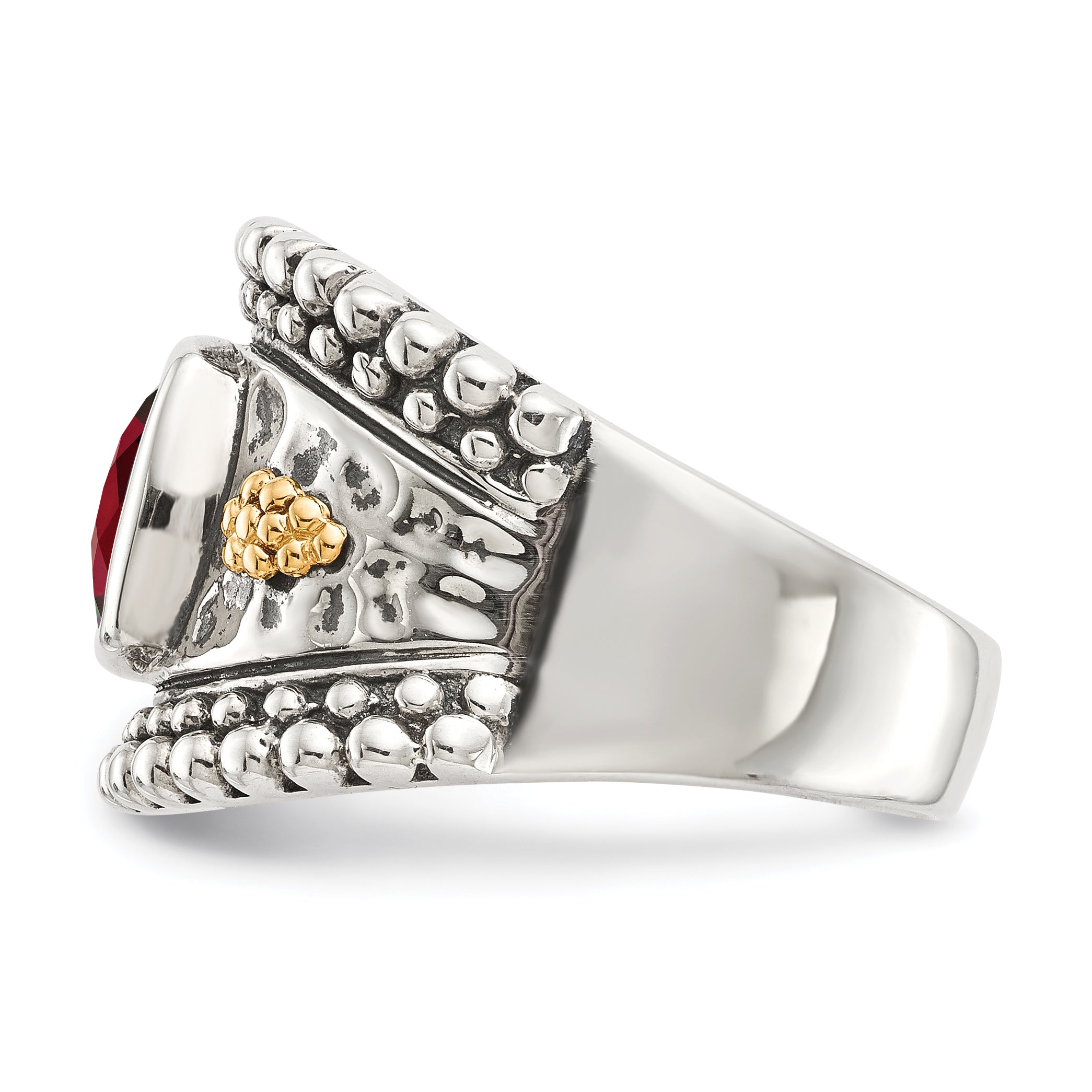 14K/Silver Two Tone Shey Couture Sterling Silver With 14K Accent Antiqued Cushion Bezel Garnet Ring