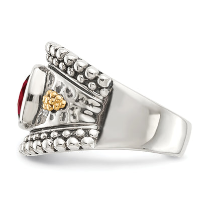 14K/Silver Two Tone Shey Couture Sterling Silver With 14K Accent Antiqued Cushion Bezel Garnet Ring