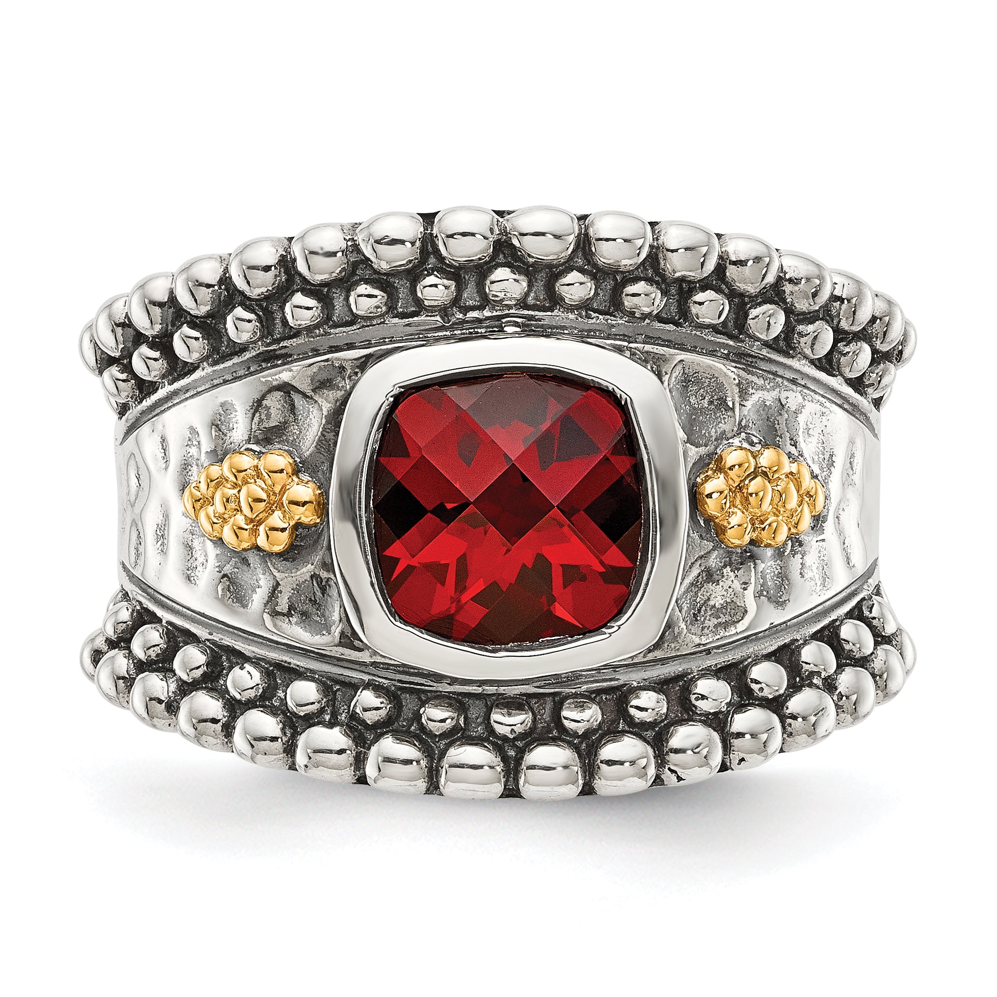 14K/Silver Two Tone Shey Couture Sterling Silver With 14K Accent Antiqued Cushion Bezel Garnet Ring