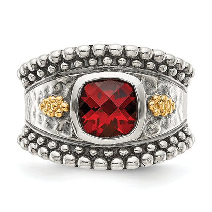 14K/Silver Two Tone Shey Couture Sterling Silver With 14K Accent Antiqued Cushion Bezel Garnet Ring