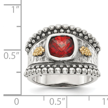 14K/Silver Two Tone Shey Couture Sterling Silver With 14K Accent Antiqued Cushion Bezel Garnet Ring