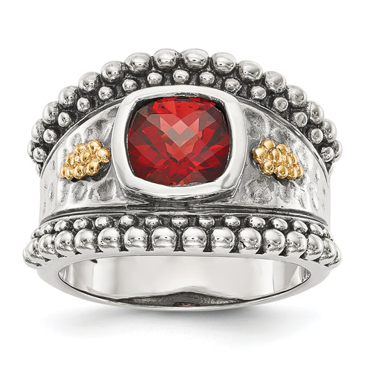 14K/Silver Two Tone Shey Couture Sterling Silver With 14K Accent Antiqued Cushion Bezel Garnet Ring