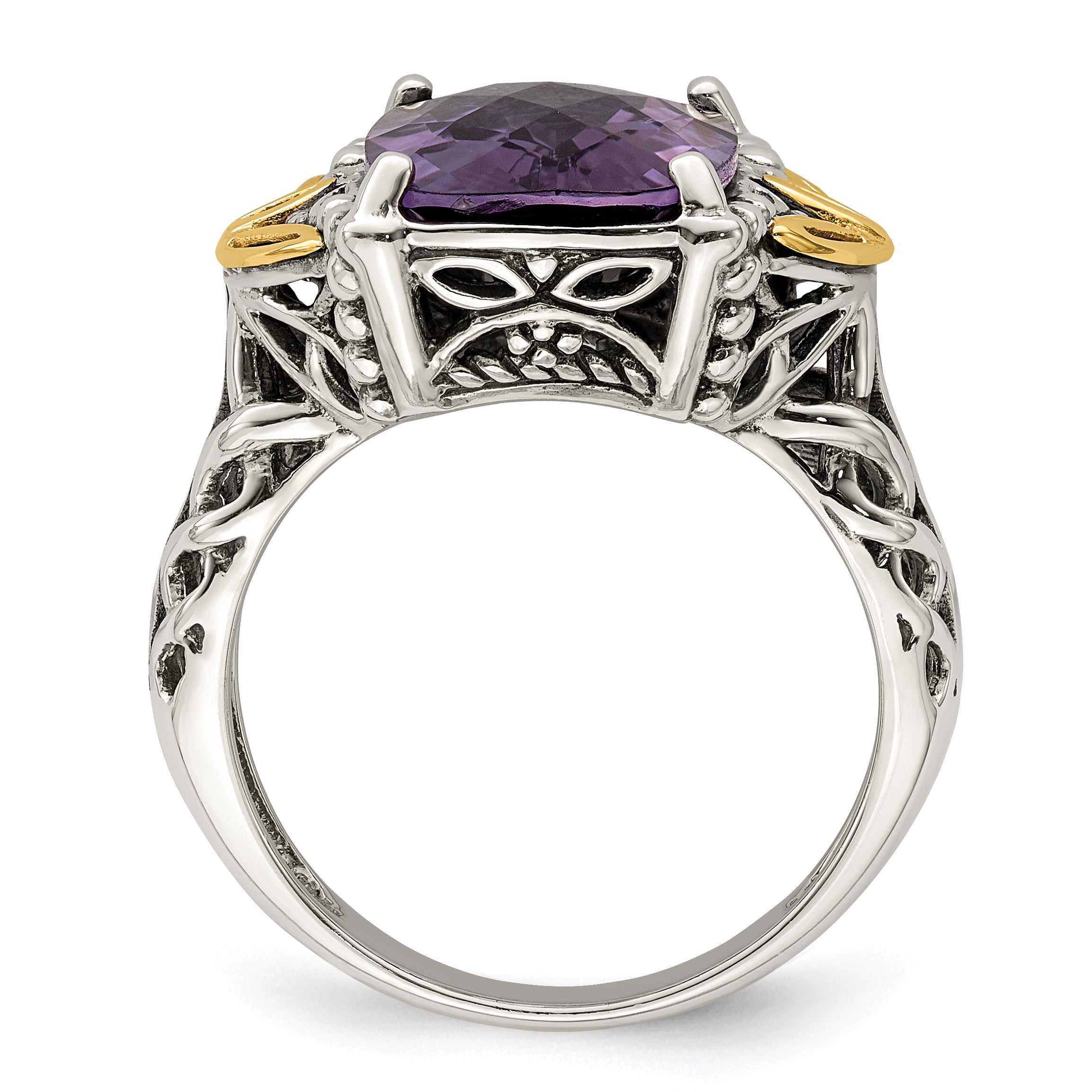 14K/Silver Two Tone Shey Couture Sterling Silver With 14K Accent Antiqued Cushion Amethyst Ring